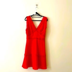 The Kooples coral red lightweight v-neck lace trim cocktail dress size S